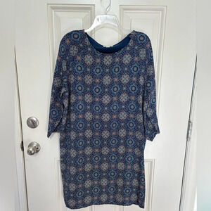 Garnet Hill 100% Silk Shift Dress 3/4 Sleeve Blue Medallion Print Size 12